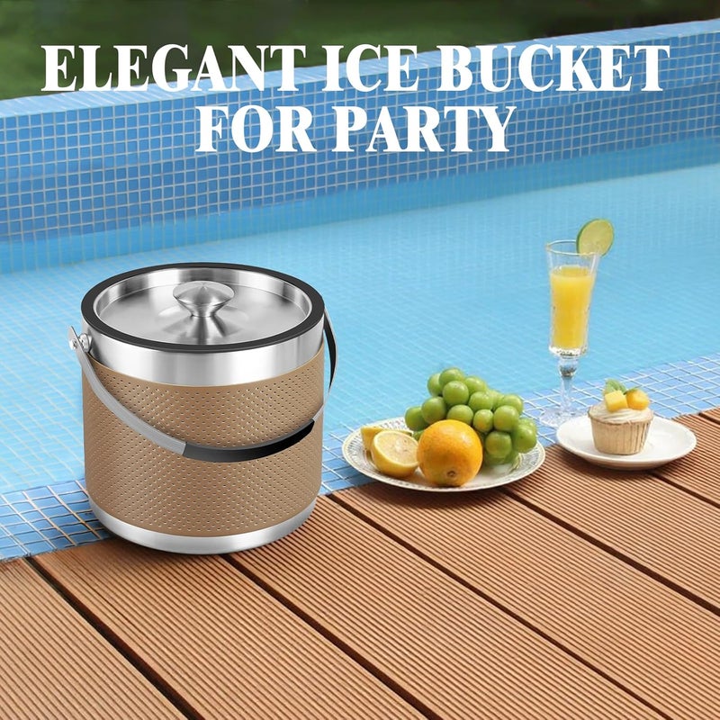 Five Home 3Quart/3.2L Insulated Ice Bucket with Lid, Scoop, Leather Design Double Wall Stainless Steel Ice Bucket for Cocktail Bar, Parties (Brown) - Image 5